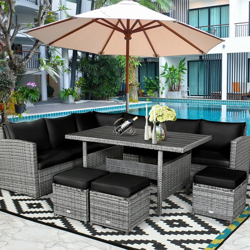 7 Pcs Rattan Patio Dining Furniture Sectional Sofa Set With Dining Table, Ottomans And Cushions