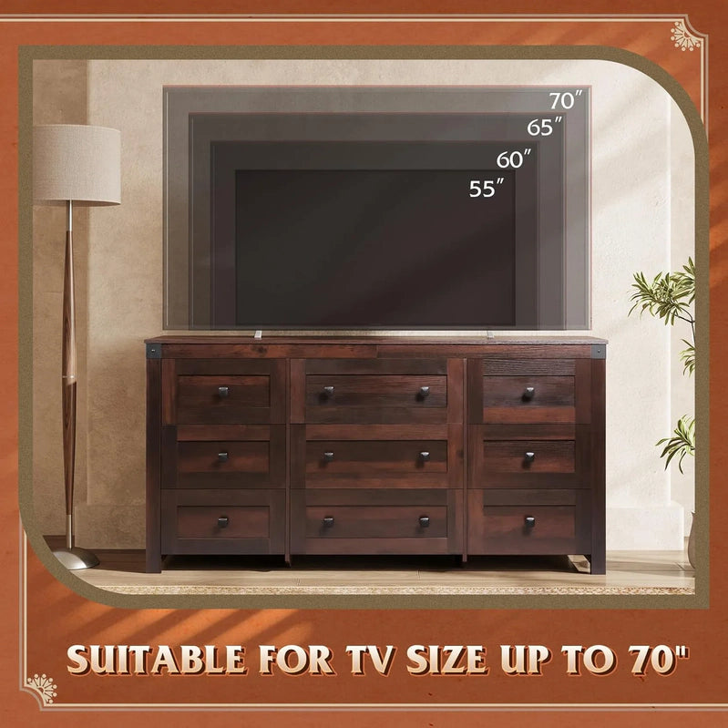 9 Drawer LED Dresser For Bedroom, 58.35 In. Wide Wood Dresser Storage Organizer With Power Outlets For 65 In. TV, Dressers With Open Shelves