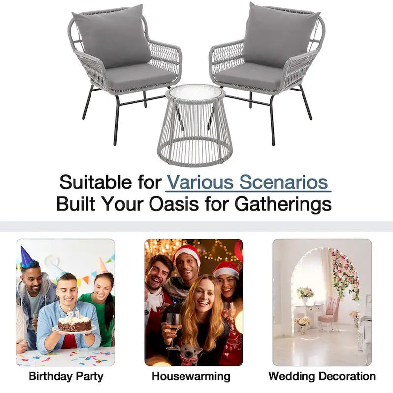3-Piece Patio Conversation Bistro Set, Outdoor Rattan Furniture Set With Glass Table And 2 Wide Armchairs, Seat Cushions