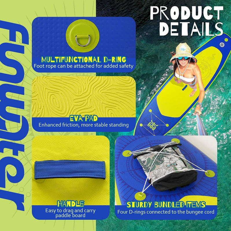 FunWater Inflatable Stand Up Paddle Board With Premium Sup Paddle Accessories, Non-Slip EVA Deck, 11'/10'6' Paddle