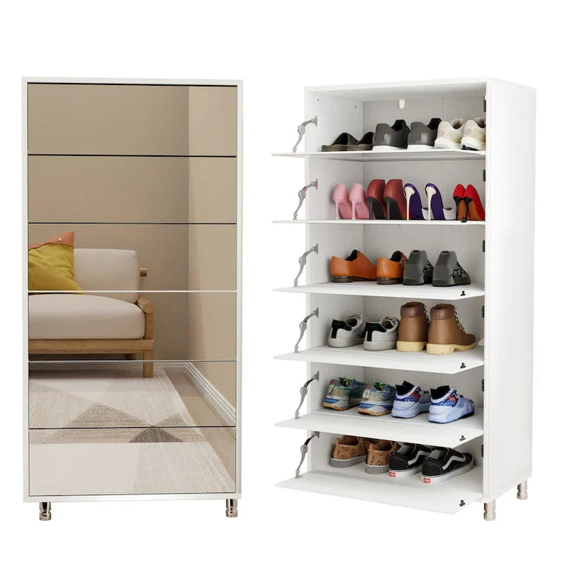 Mirror Shoe Cabinet With 6 Flip Drawers, Shoe Rack Organizer Store Ample Shoes,4 Metal Legs, Hand-Touch Flip-Out Door