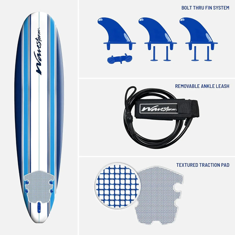 Wavestorm 8 Ft. Classic Surfboard//Foam Wax Free Soft Top Longboard For Adults And Kids Of All Levels Of Surfing