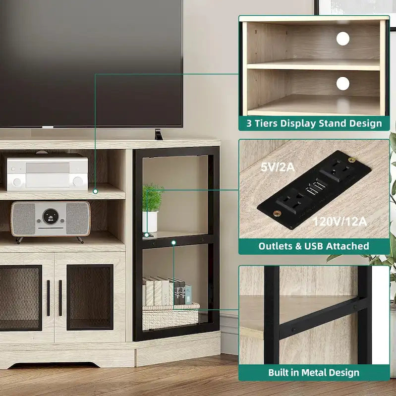 Farmhouse Corner TV Stand Entertainment Center Media Console For TVs Up To 55 With Power Outlet