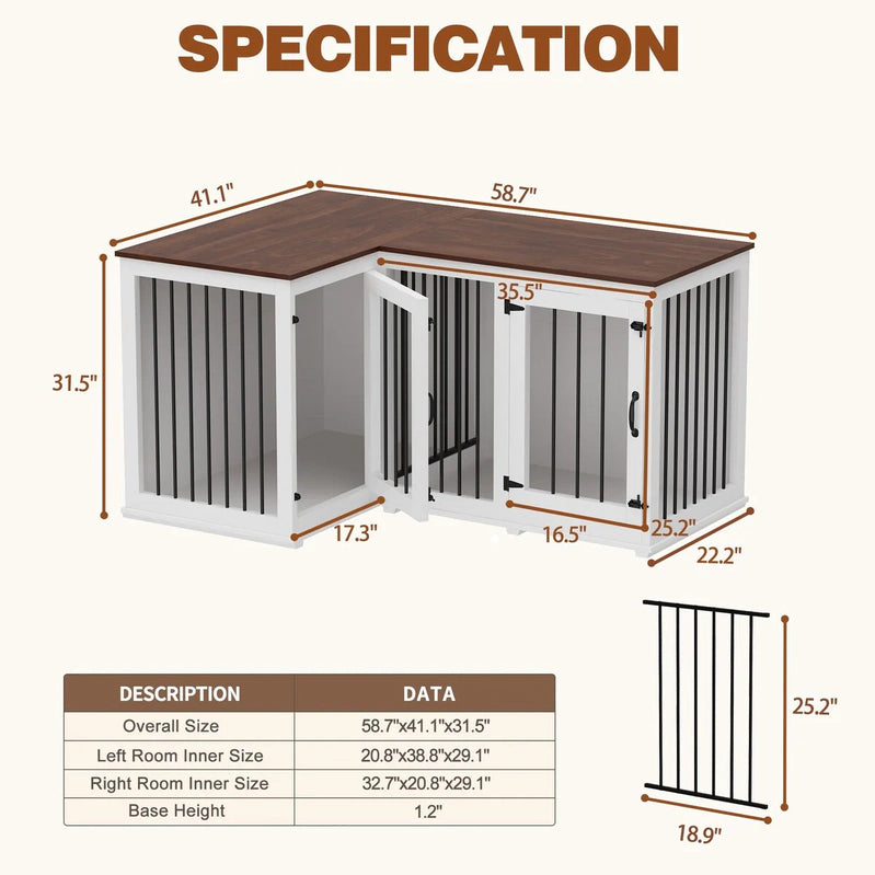 Large Corner Dog Crate Furniture For 2 Dogs, L Shape Dog Crate Cage, 58.7X41.1