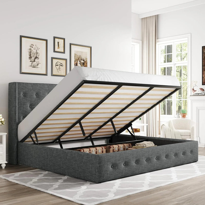 Allewie Queen Size Lift Up Storage Bed, Modern Wingback Headboard, Hydraulic Support, No Box Spring Needed, Light Beige