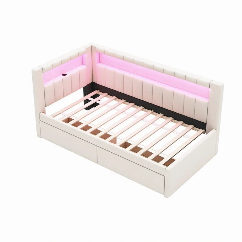 Upholstered Platform Bed With USB Ports And LED Lighting, Full/Twin Size Bed Frame With 2 Storage Drawers, Modern Bedroom