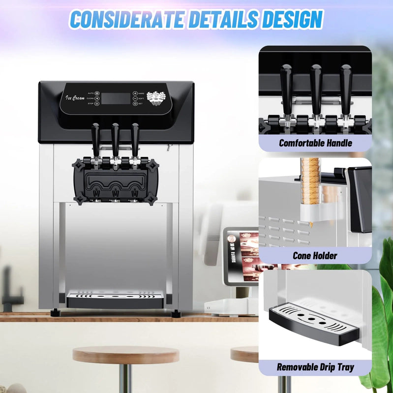 Garvee 2200W Commercial Ice Cream Machine, 3 Flavor Soft Serve Ice Cream Machine, 5.3-7.4 Gal/Hr, With LCD Touch Screen, Automatic Cleaning