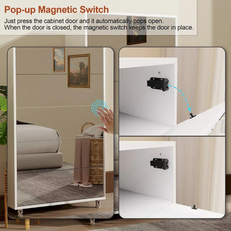 Mirror Shoe Cabinet With 6 Flip Drawers, Shoe Rack Organizer Store Ample Shoes,4 Metal Legs, Hand-Touch Flip-Out Door