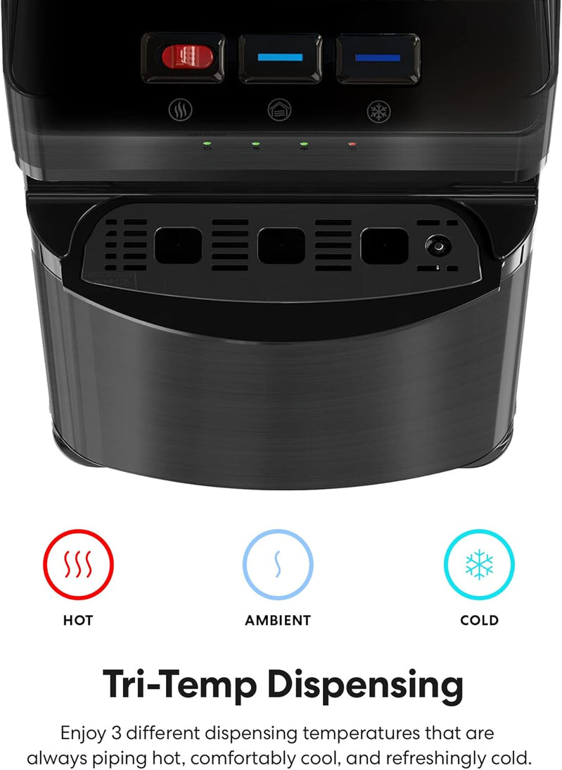 Self Cleaning Bottom Loading Water Cooler Water Dispenser Black Stainless Steel, 3 Temperature Settings, Hot, Room And Cold Water