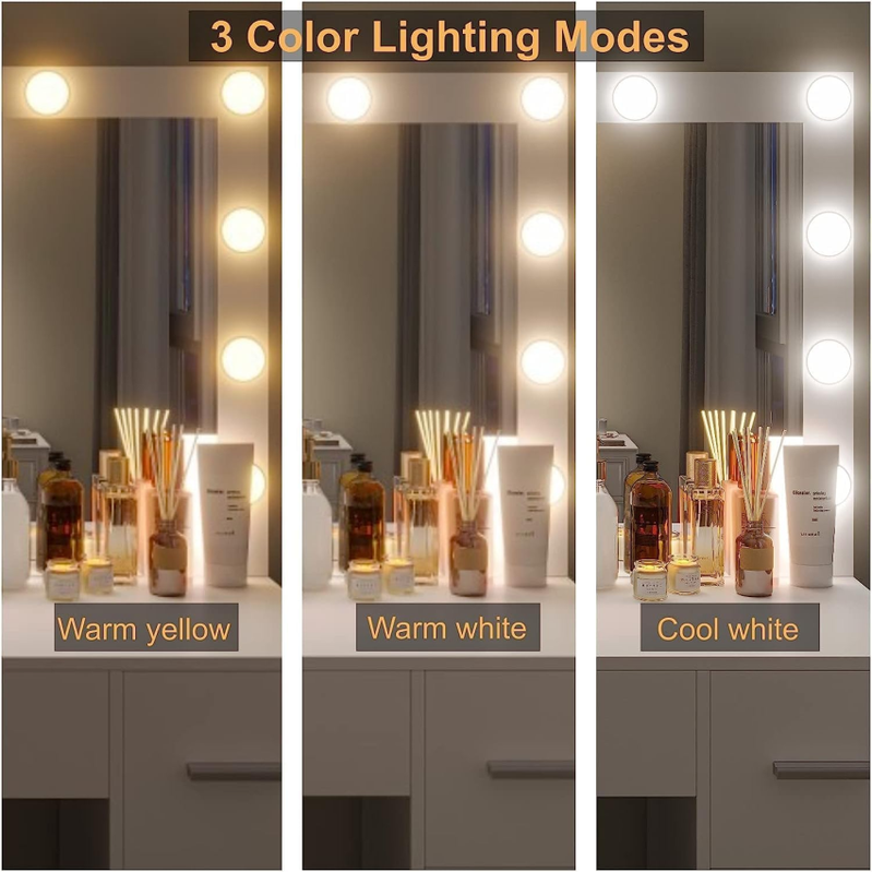 Vanity Desk With Stool, Makeup Table With Lighted Mirror, 3 Color Lighting Modes, Brightness Adjustable, Dressing Table