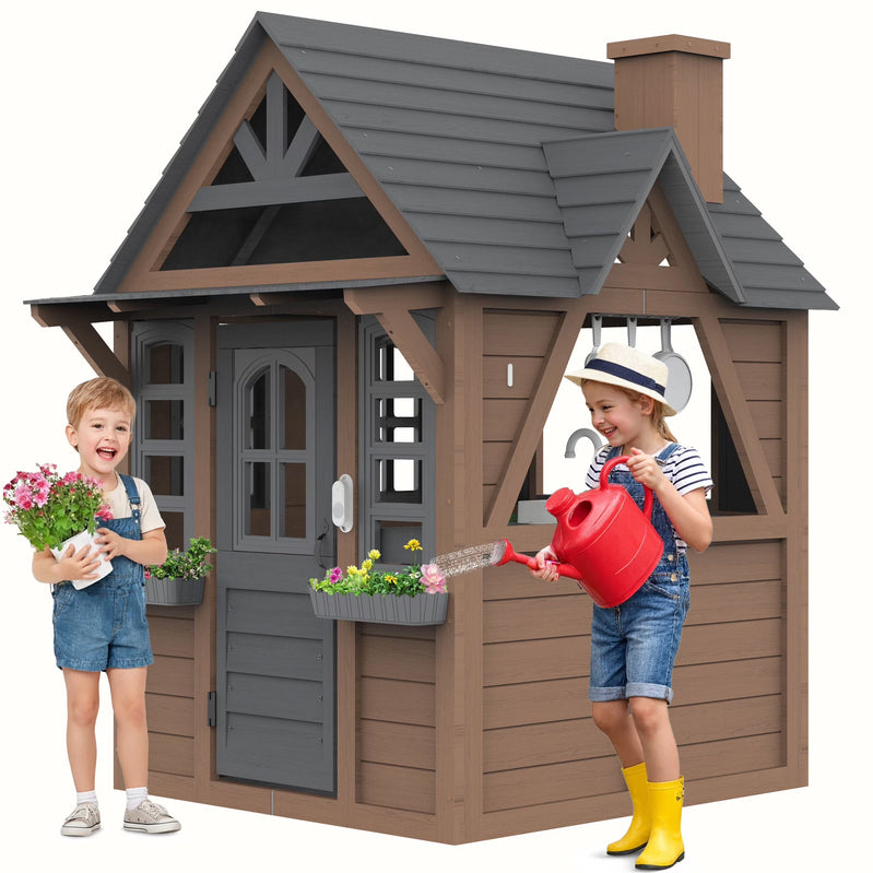 Coclub Outdoor Playhouse For Kids Ages 4-8, Wooden Play House With Doorbell, Phone, Kitchen Toys, Outdoor Kids Play Equipment, Casa Para Ni As