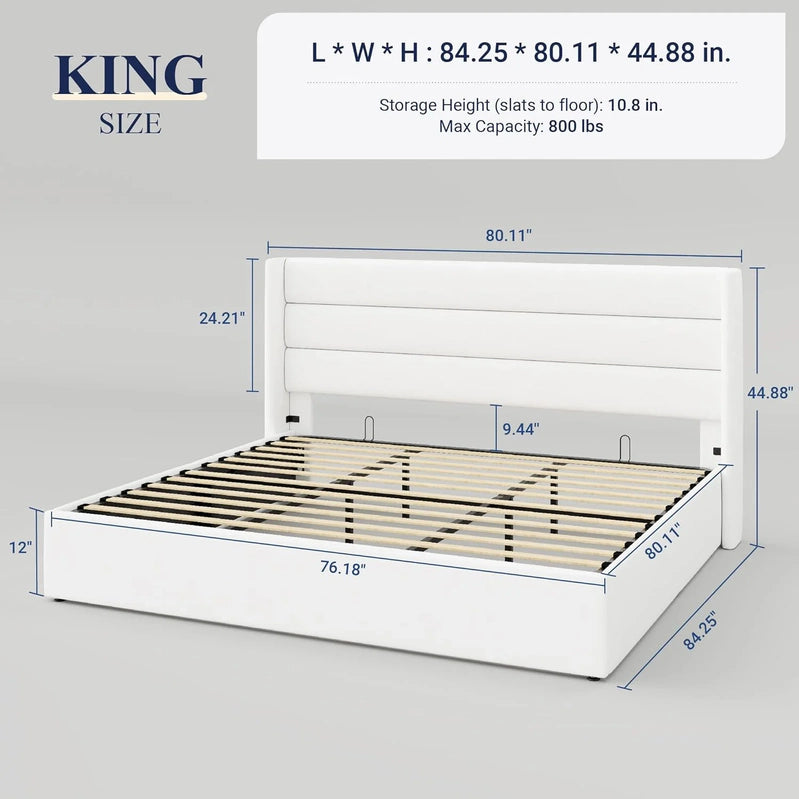 Allewie Queen Size Lift Up Storage Bed, Modern Wingback Headboard, Hydraulic Support, No Box Spring Needed, Light Beige