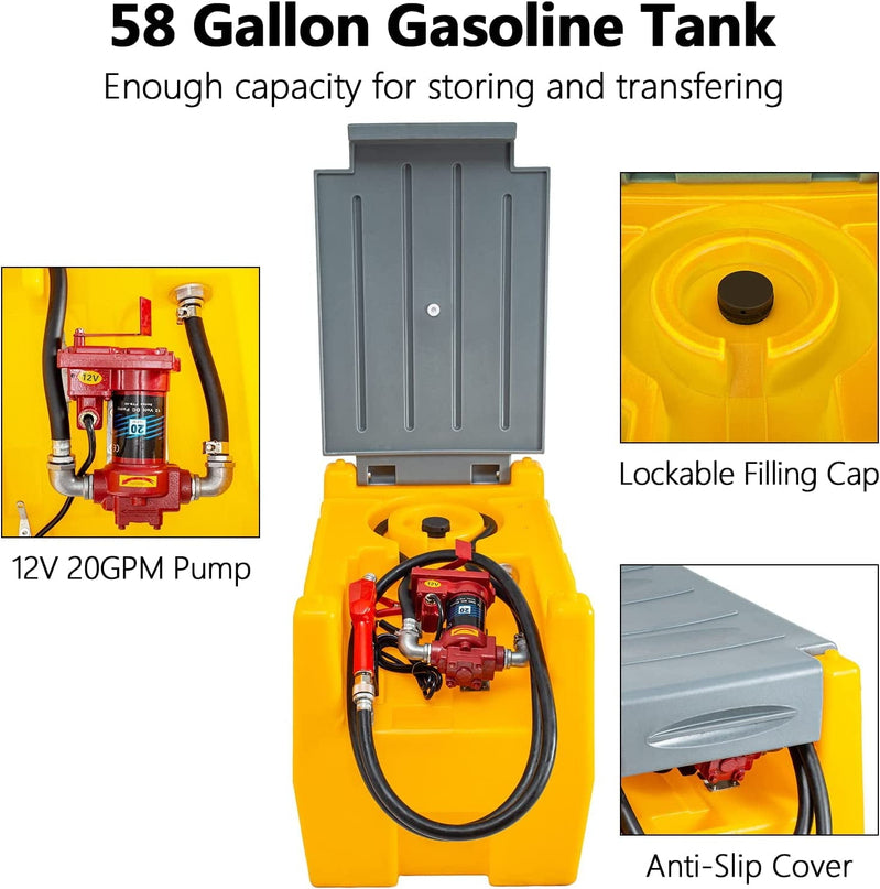 TECSPACE 58 Gallon Gasoline Tank, Portable Fuel Tank With 12V Electric Fuel Transfer Pump