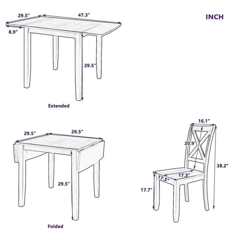 3-Piece Wood Drop Leaf Breakfast Nook Dining Table Set With 2 x-Back Chairs For Small Places