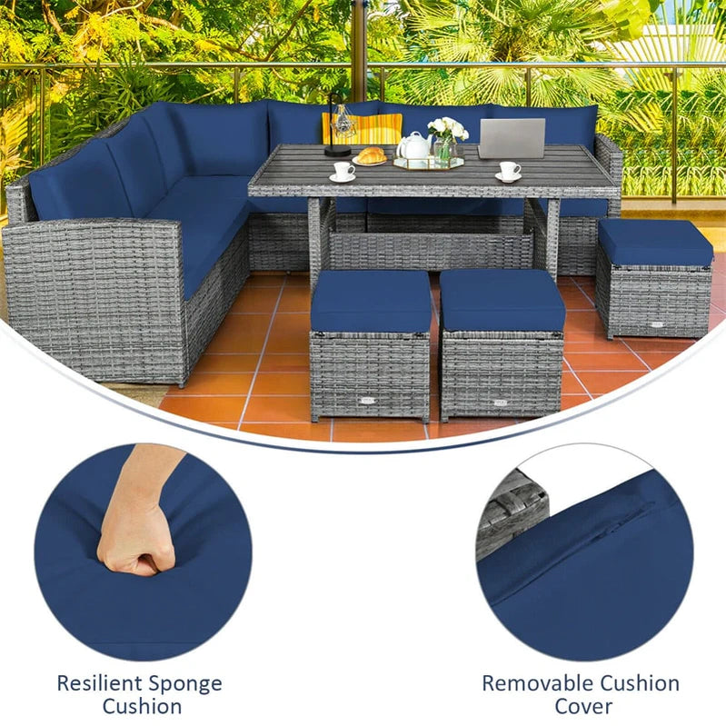 7 Pcs Rattan Patio Dining Furniture Sectional Sofa Set With Dining Table, Ottomans And Cushions