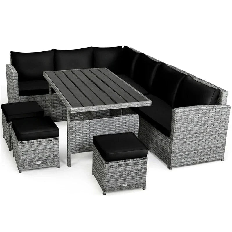 7 Pcs Rattan Patio Dining Furniture Sectional Sofa Set With Dining Table, Ottomans And Cushions