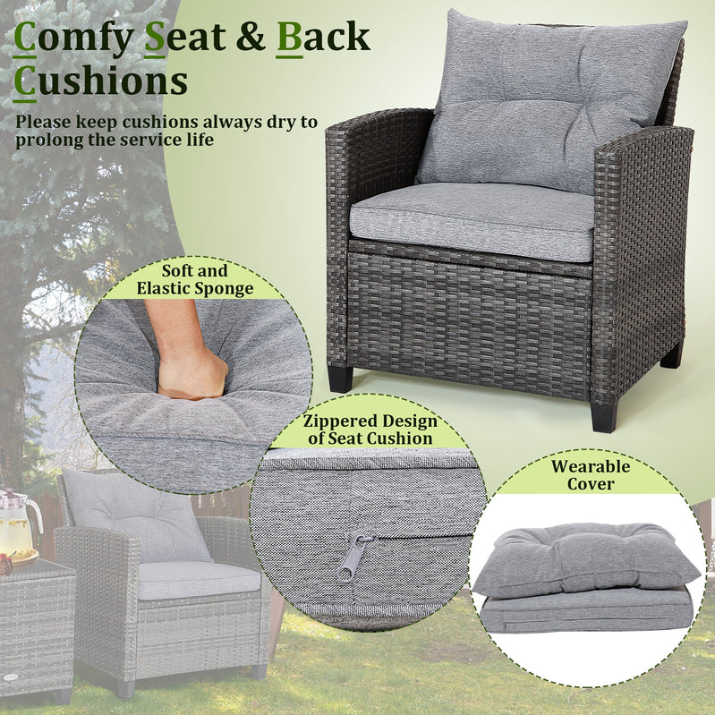 Gymax 3PCS Patio Rattan Sofa Set Outdoor Wicker Conversation Set Glass Tabletop w/Grey Cushion