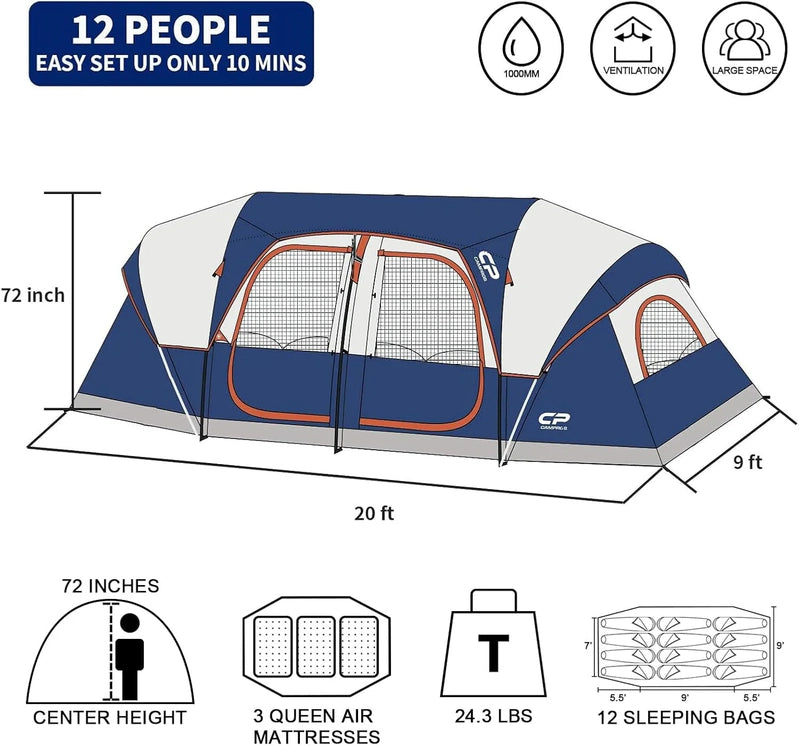 Campros Cp Tent 12-Person-Camping-Tents, 3 Room Family Tents, Waterproof Windproof Family Tent With Top Rainfly, 6 Large Mesh Windows, Bag-20