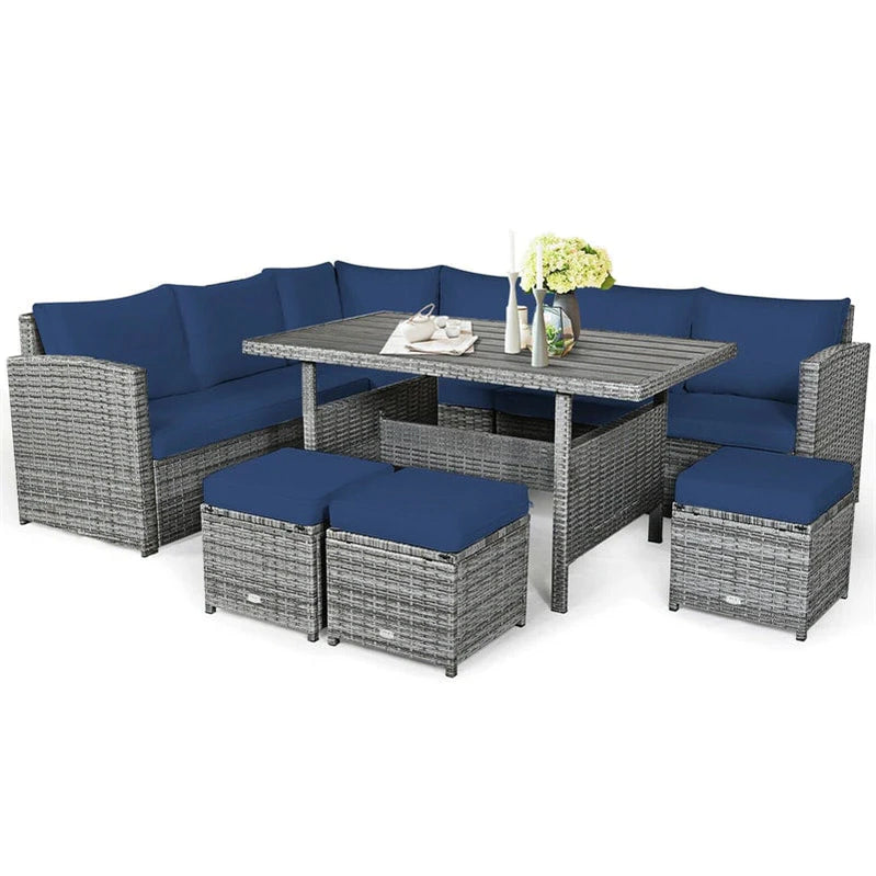 7 Pcs Rattan Patio Dining Furniture Sectional Sofa Set With Dining Table, Ottomans And Cushions