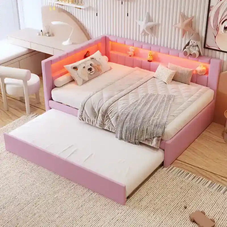 Upholstered Platform Bed With USB Ports And LED Lighting, Full/Twin Size Bed Frame With 2 Storage Drawers, Modern Bedroom