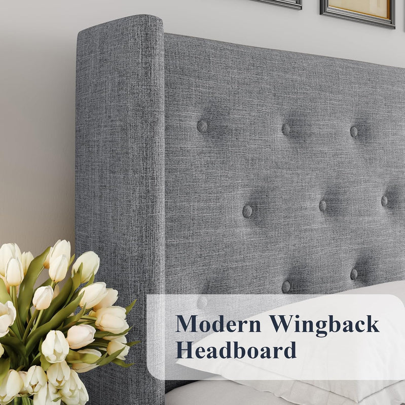 Allewie Queen Size Lift Up Storage Bed, Modern Wingback Headboard, Hydraulic Support, No Box Spring Needed, Light Beige