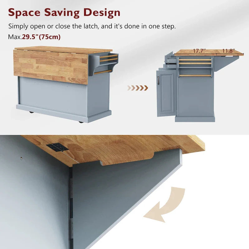 54 Large Kitchen Island With Rubber Wood Drop Leaf, Embossed Texture Rolling Kitchen Cart On 4 Wheels With 4 Doors And 3 Drawers