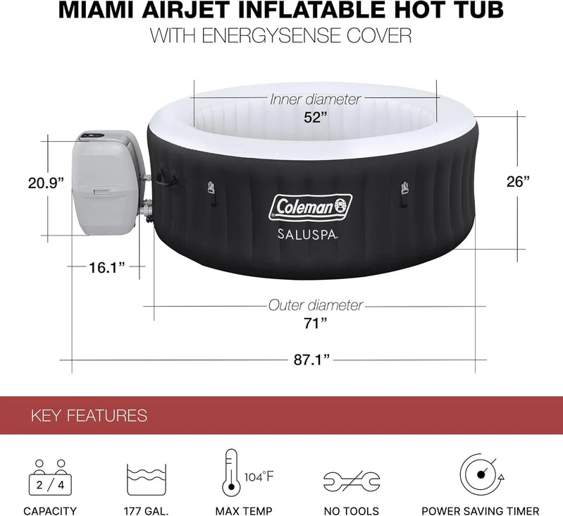 Coleman SaluSpa Miami AirJet 2 To 4 Person Round Inflatable Hot Tub Portable Outdoor Spa With 120 Soothing AirJets And Insulated Cover, Black