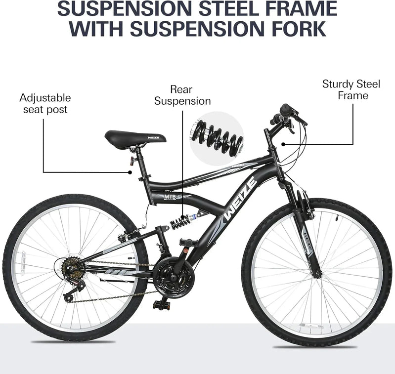 Weize Mountain Bike 26 27.5 In. Outdoor Hybrid Bikes 18-Speed High-Carbon Steel Full Suspension
