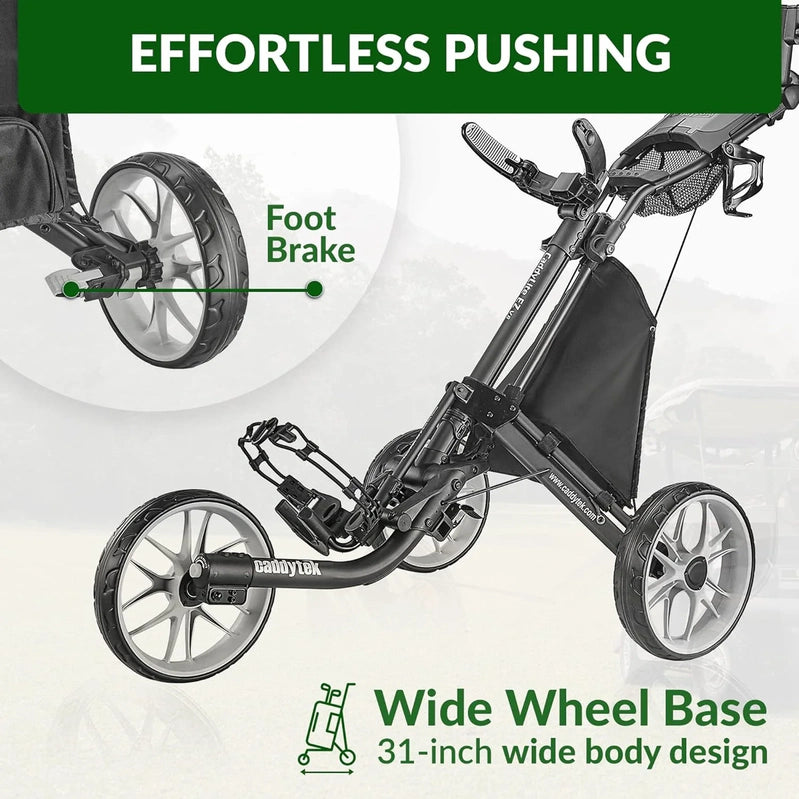 3Wheel Golf Push Cart, Golf Trolley Foldable Collapsible Lightweight Pushcart With Foot Brake, Easy To Open And Close