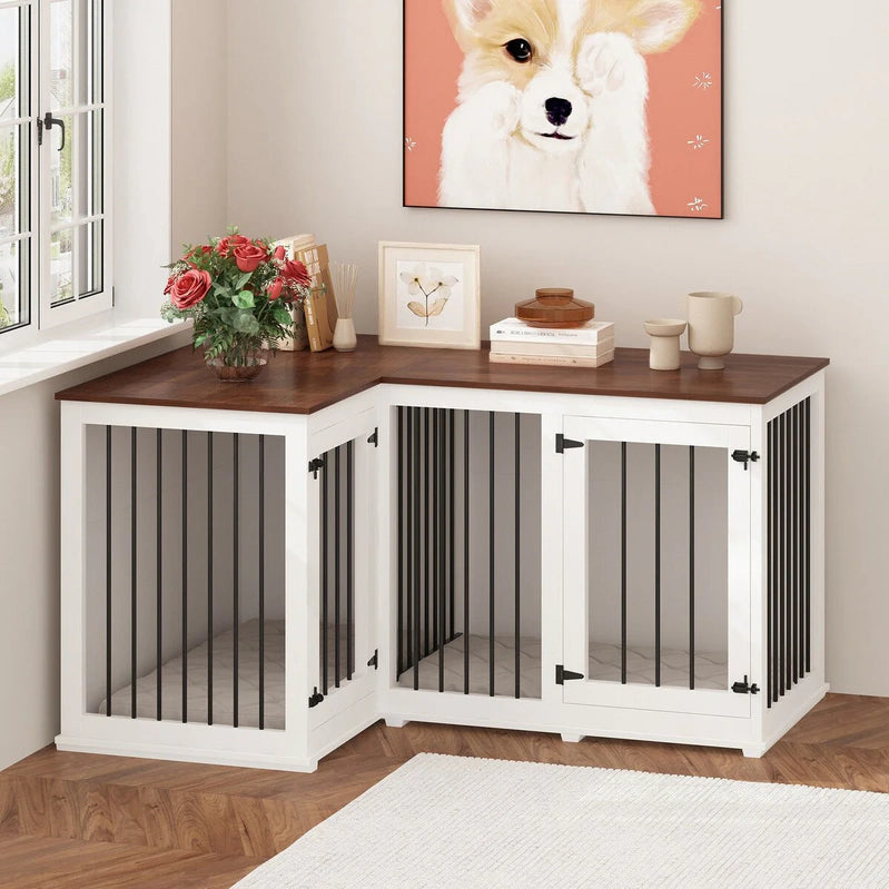 Large Corner Dog Crate Furniture For 2 Dogs, L Shape Dog Crate Cage, 58.7X41.1
