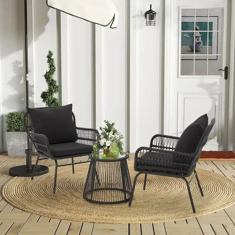 3-Piece Patio Conversation Bistro Set, Outdoor Rattan Furniture Set With Glass Table And 2 Wide Armchairs, Seat Cushions