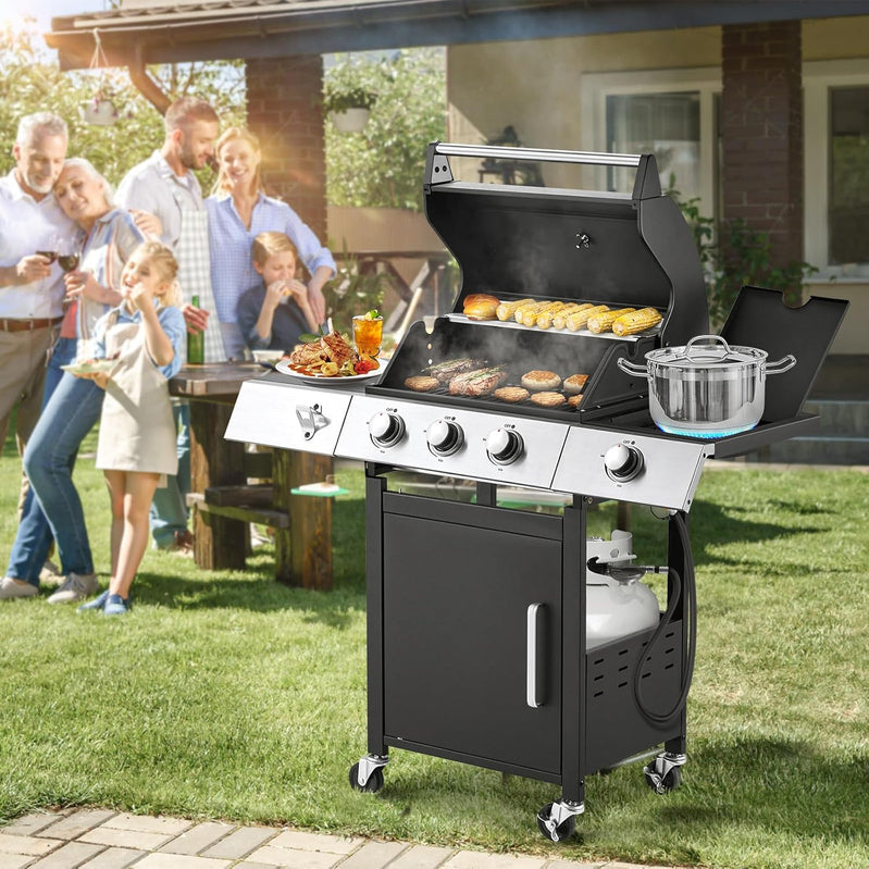 Upgraded 4 Burner Bbq Propane Gas Grill With Cast Iron Grates And Side Stove, 44,000 BTU Stainless Steel Burner Barbecue Grill For Patio