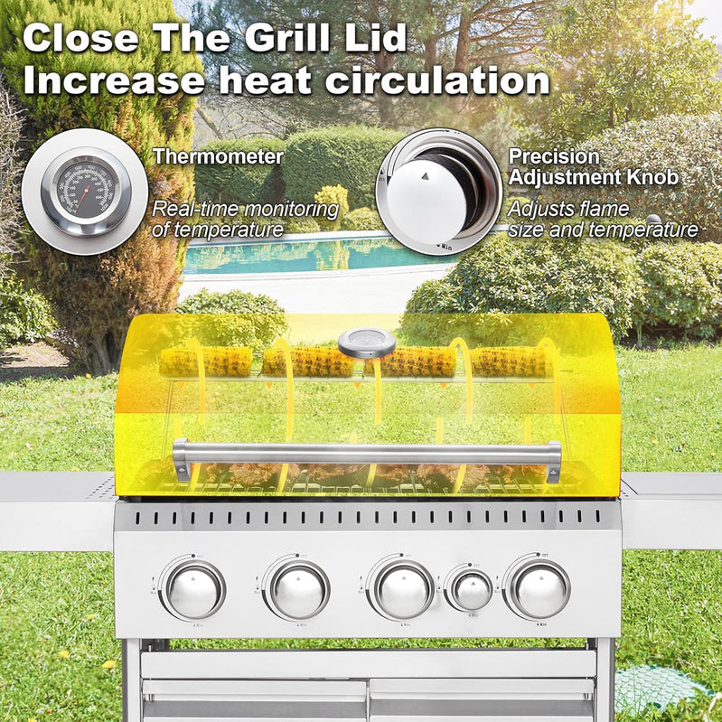 Upgraded 4 Burner Bbq Propane Gas Grill With Cast Iron Grates And Side Stove, 44,000 BTU Stainless Steel Burner Barbecue Grill For Patio