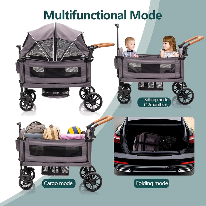 Wagon Stroller For 2 Kids And Cargo-Travel Stroller Push-Pull Double Wagon Lightweight Folding Stroller For Newborn And Toddler With 5-Point