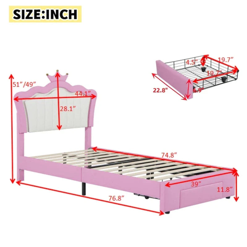 Twin Size Upholstered Bed Frame With LED Lights, Modern Upholstered Princess Bed With Crown Headboard, A Drawer, Pink Plus White