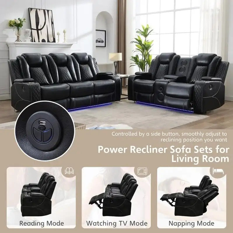 Power Reclining Sofa With Wireless Charger, Reading Light For Living Room, Faux Leather LED Light, AC/USB Port, Cup Holder, Black