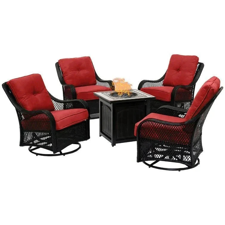 5-piece Steel Patio Fire Pit Seating Set With Navy Blue Cushions, Swivel Gliders And Square Fire Pit Table
