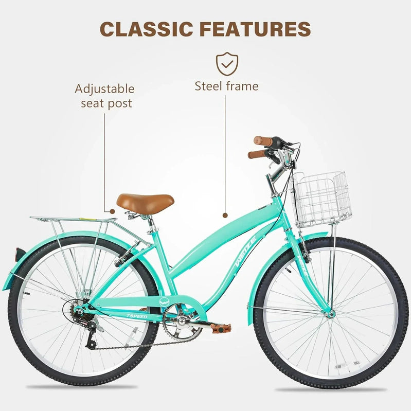 Weize Beach Cruiser Bike 26 In. Commuter Bicycle For Adult Men And Women 7-Speed/High-Carbon