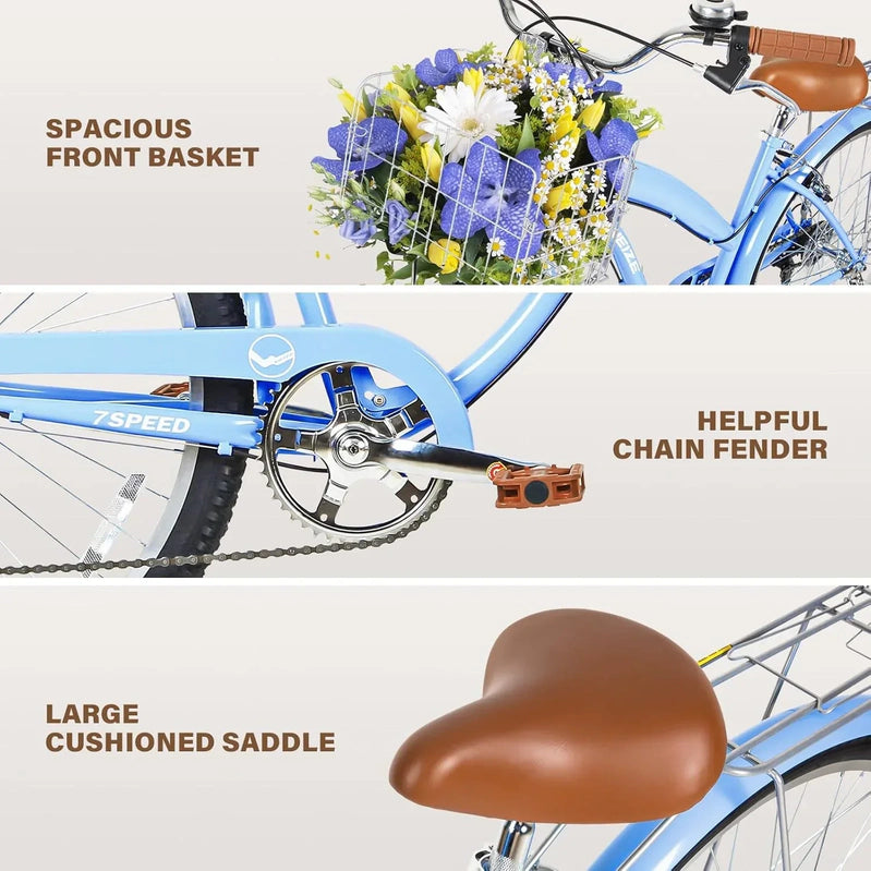 Weize Beach Cruiser Bike 26 In. Commuter Bicycle For Adult Men And Women 7-Speed/High-Carbon
