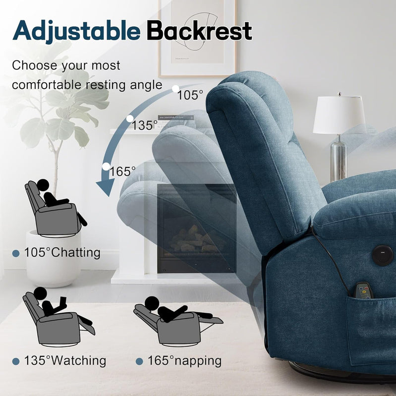 Rocker Recliner, Glider Recliner Chairs For Adults, 360 Degree Swivel Rocking Chair With Massage And Heating