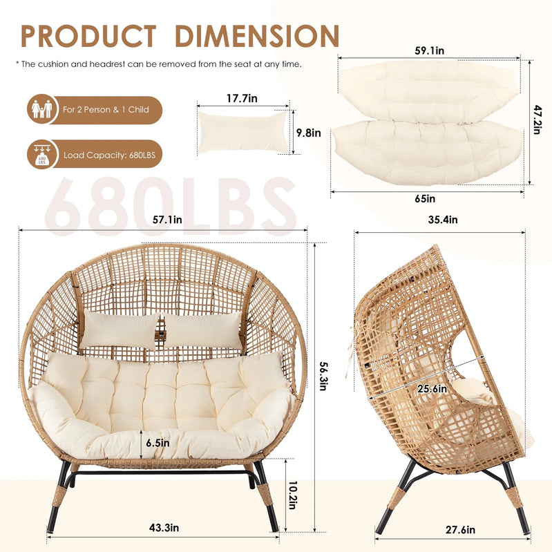 Radiata Double Egg Chair For 2 Person, Oversized Wicker Loveseat With Thick Cushions, 680 Lbs Capacity