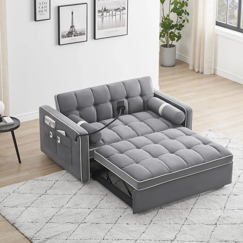 3-in-1 Sleeper Sofa Couch Bed, Small Tufted Velvet Convertible Loveseat Futon Sofa w/Pullout Bed, Adjustable Backrest, Cylinder Pillows