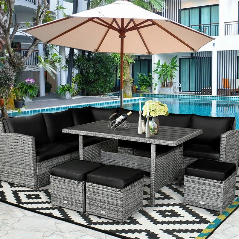7 Pcs Rattan Patio Dining Furniture Sectional Sofa Set With Dining Table, Ottomans And Cushions