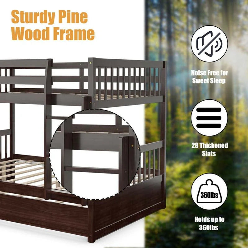 Solid Wood Full Over Full Bunk Bed Frame With Trundle, Safety Ladder And Guardrails, Convertible Bunk Bed For Kids Teens