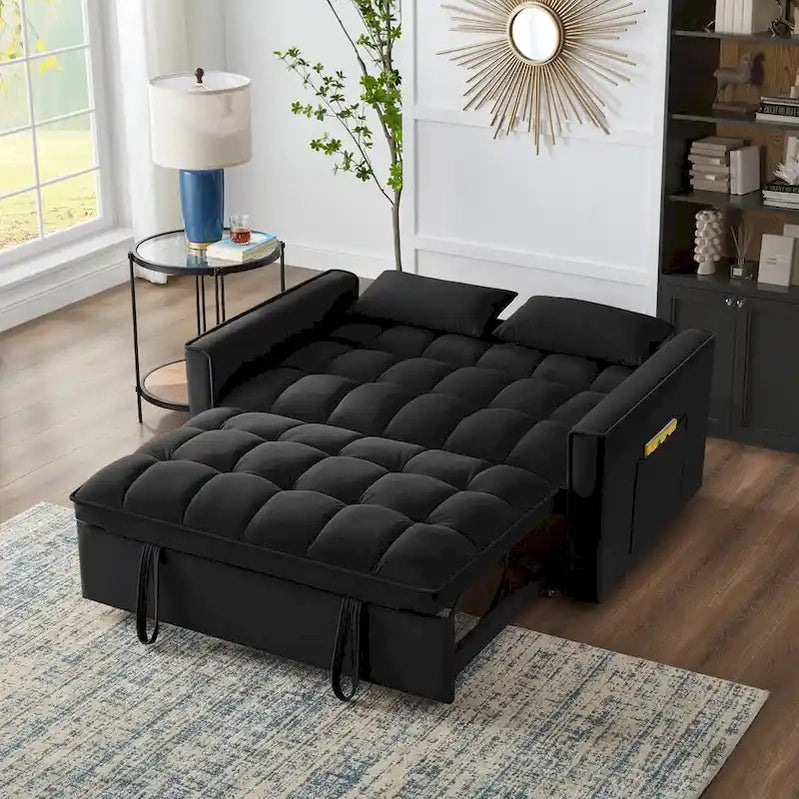 4 in1 Loveseat Sofa Bed With Armrests And Storage Pockets, Multi-Function Tufted Pull-Out Sofa Bed With Adjustable Backrest