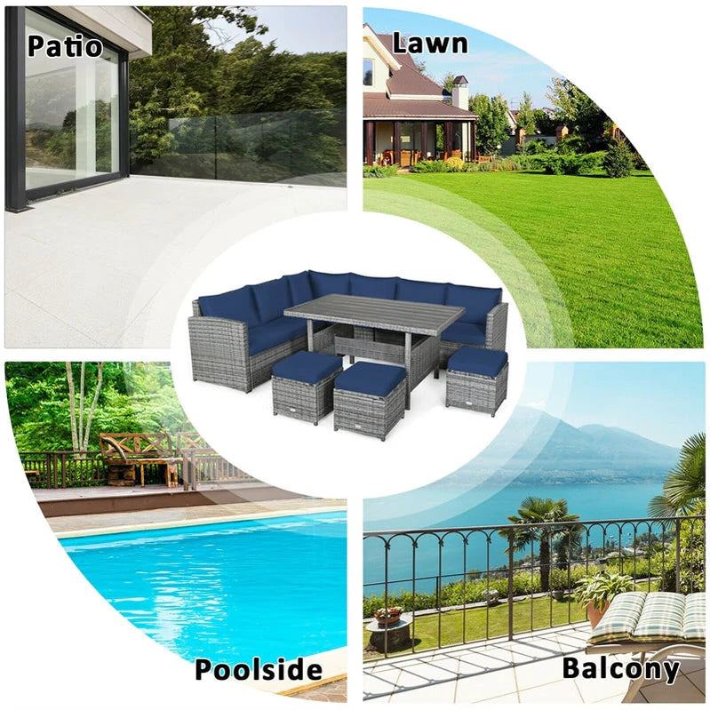 7 Pcs Rattan Patio Dining Furniture Sectional Sofa Set With Dining Table, Ottomans And Cushions