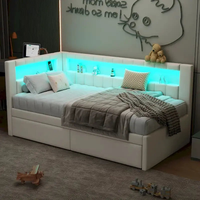 Upholstered Platform Bed With USB Ports And LED Lighting, Full/Twin Size Bed Frame With 2 Storage Drawers, Modern Bedroom