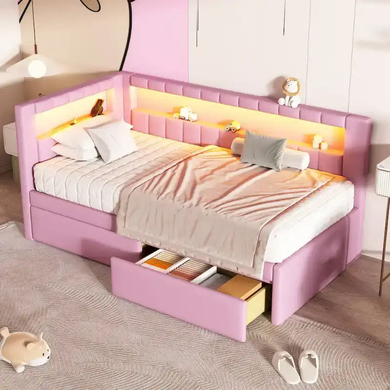 Upholstered Platform Bed With USB Ports And LED Lighting, Full/Twin Size Bed Frame With 2 Storage Drawers, Modern Bedroom